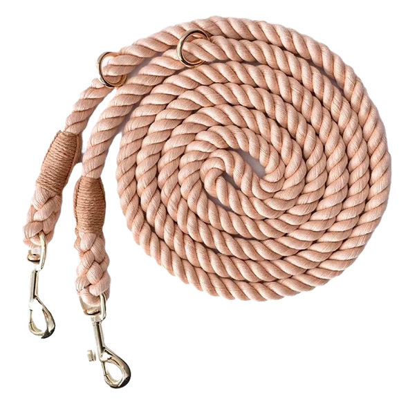 Blush Pink Heavy-duty braided rope dog leash with adjustable metal rings and two heavy-duty clips